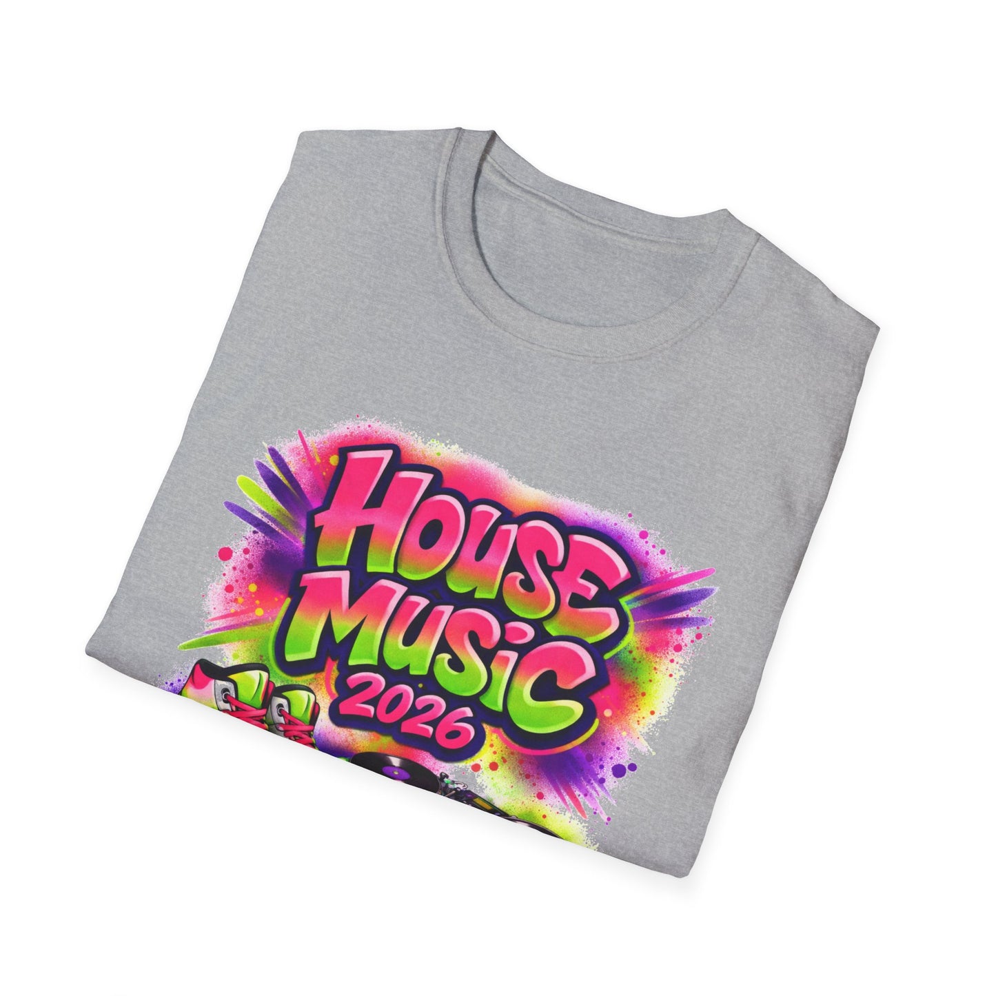 Gray t-shirt with 'House Music 2026' colorful design on a white background