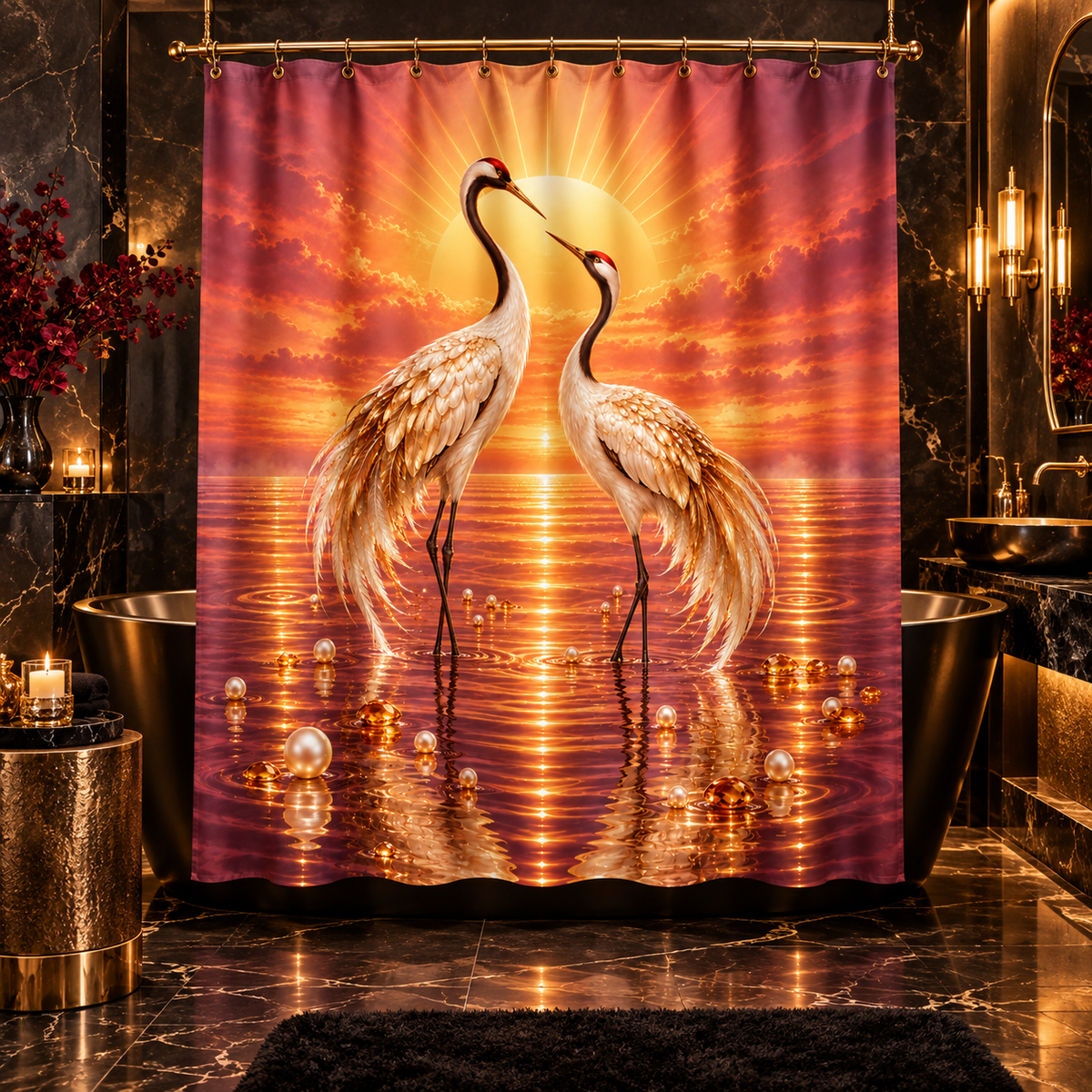 Crane Sunset Romantic Golden Beach —Shower Curtain Wildlife Decor