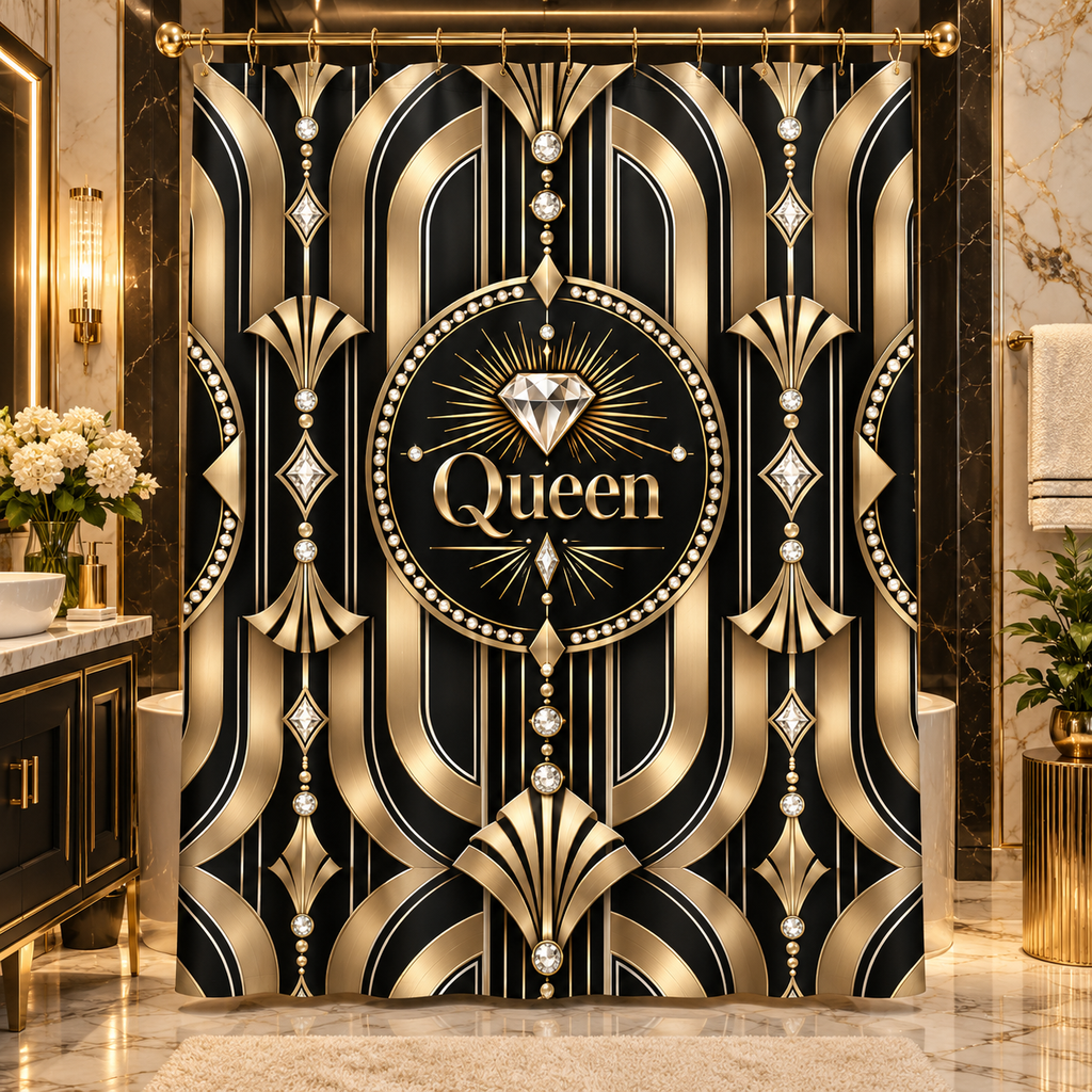 Queen Diamond Art Deco Shower Curtain — Luxury Black & Gold Bathroom Decor