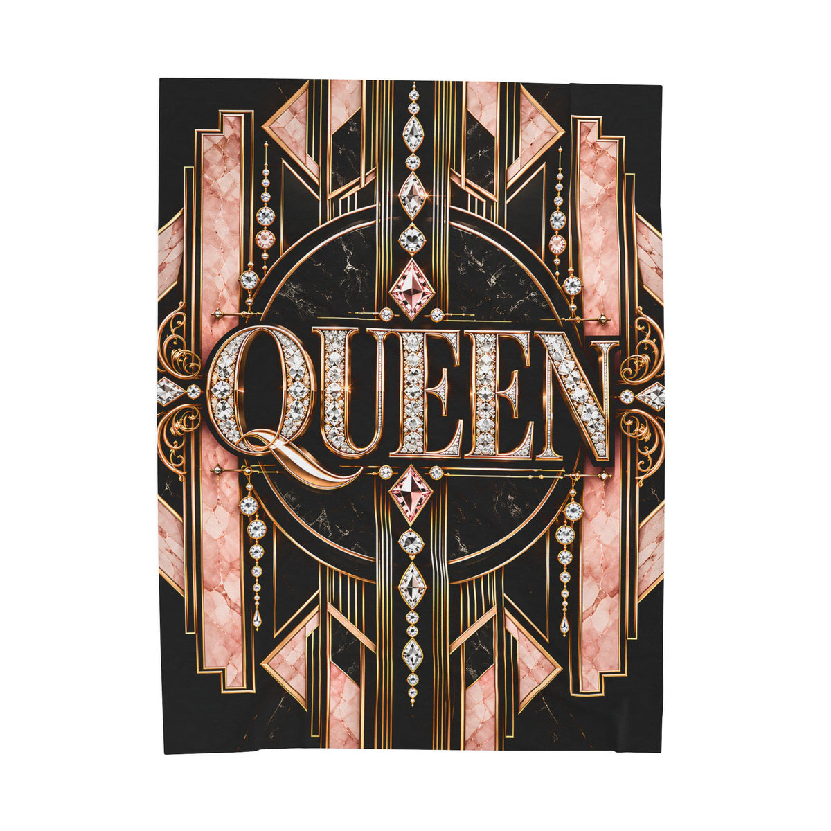 A rectangular throw featuring an Art Deco style design with the word 'QUEEN' in large jeweled letters, set against a black background with pink marble-like panels and gold geometric lines.