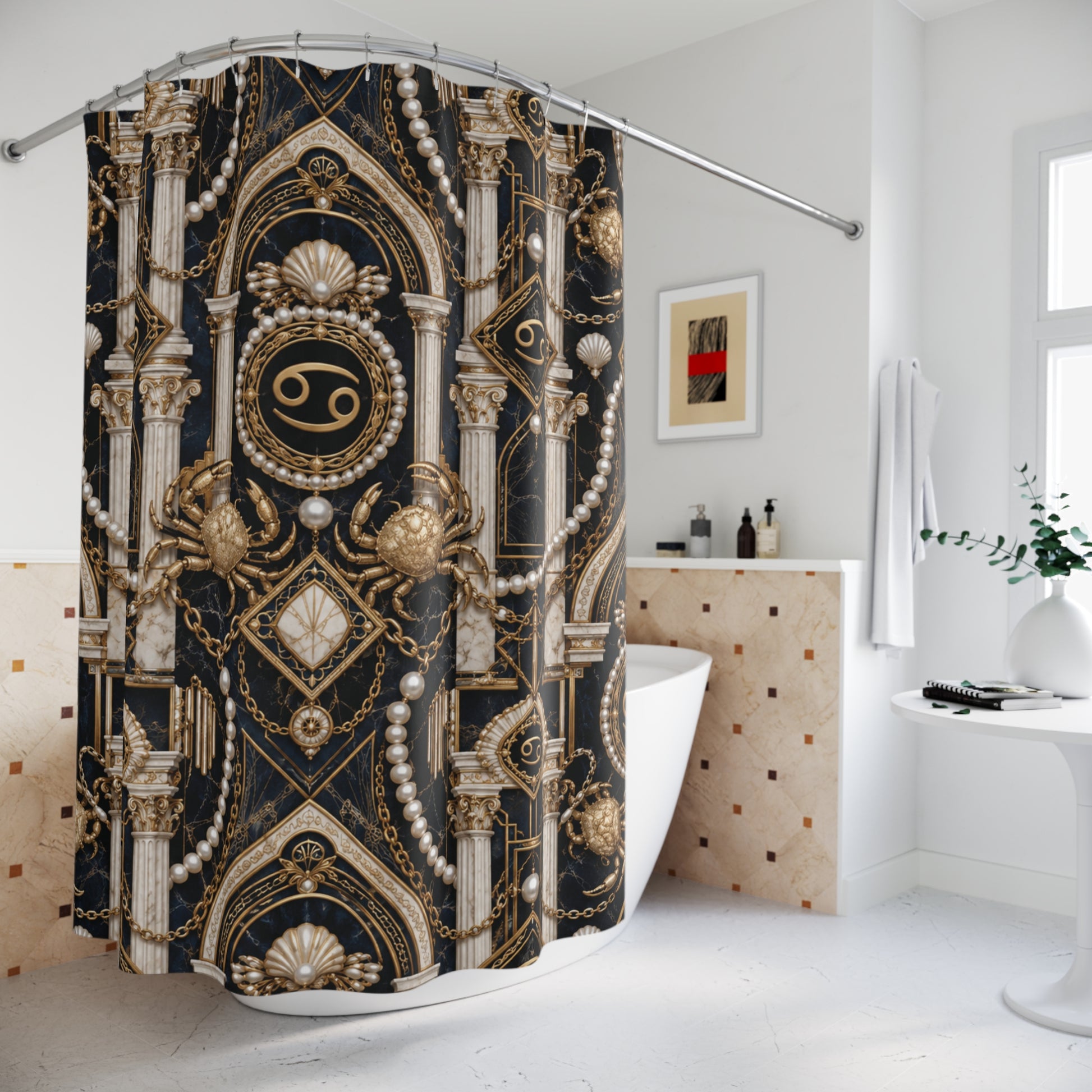 Decorative shower curtain with intricate gold and black design in a bathroom.