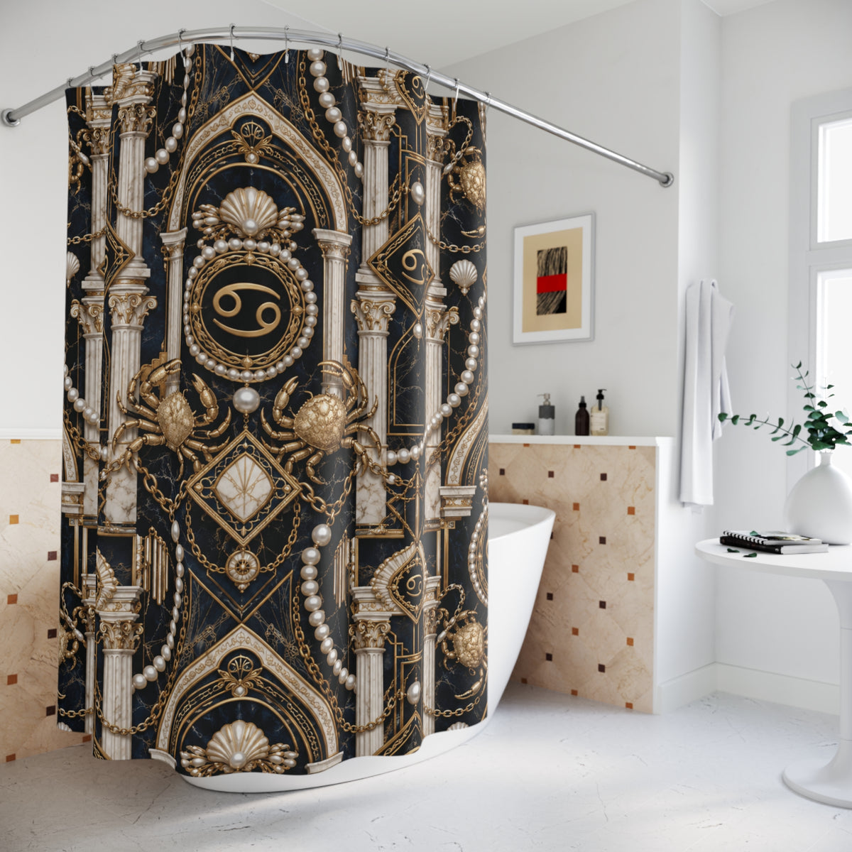 Decorative shower curtain with intricate gold and black design in a bathroom.
