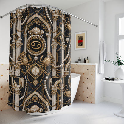 Decorative shower curtain with intricate gold and black design in a bathroom.