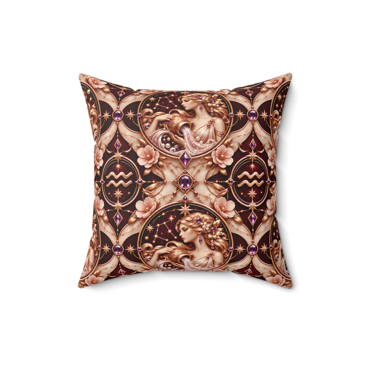 A square decorative throw pillow featuring an ornate vintage-style celestial pattern with cherub portraits, stars, and floral motifs in warm beige, brown, and purple tones, shown against a plain white background.