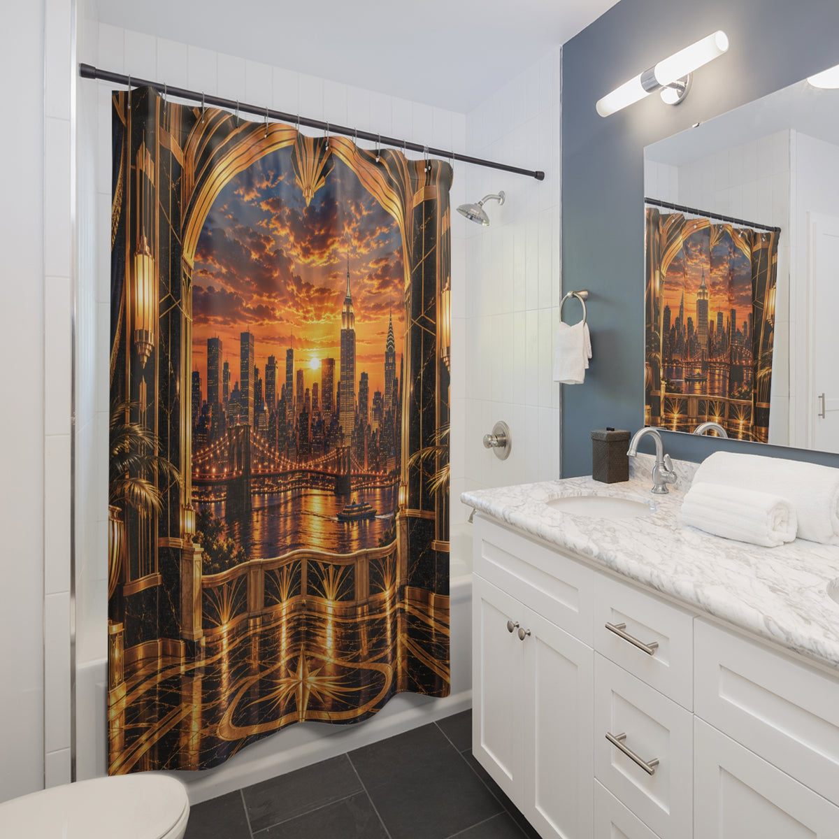 Golden Manhattan Sunset Luxury Shower Curtain | NYC Skyline Art Deco Bathroom Décor