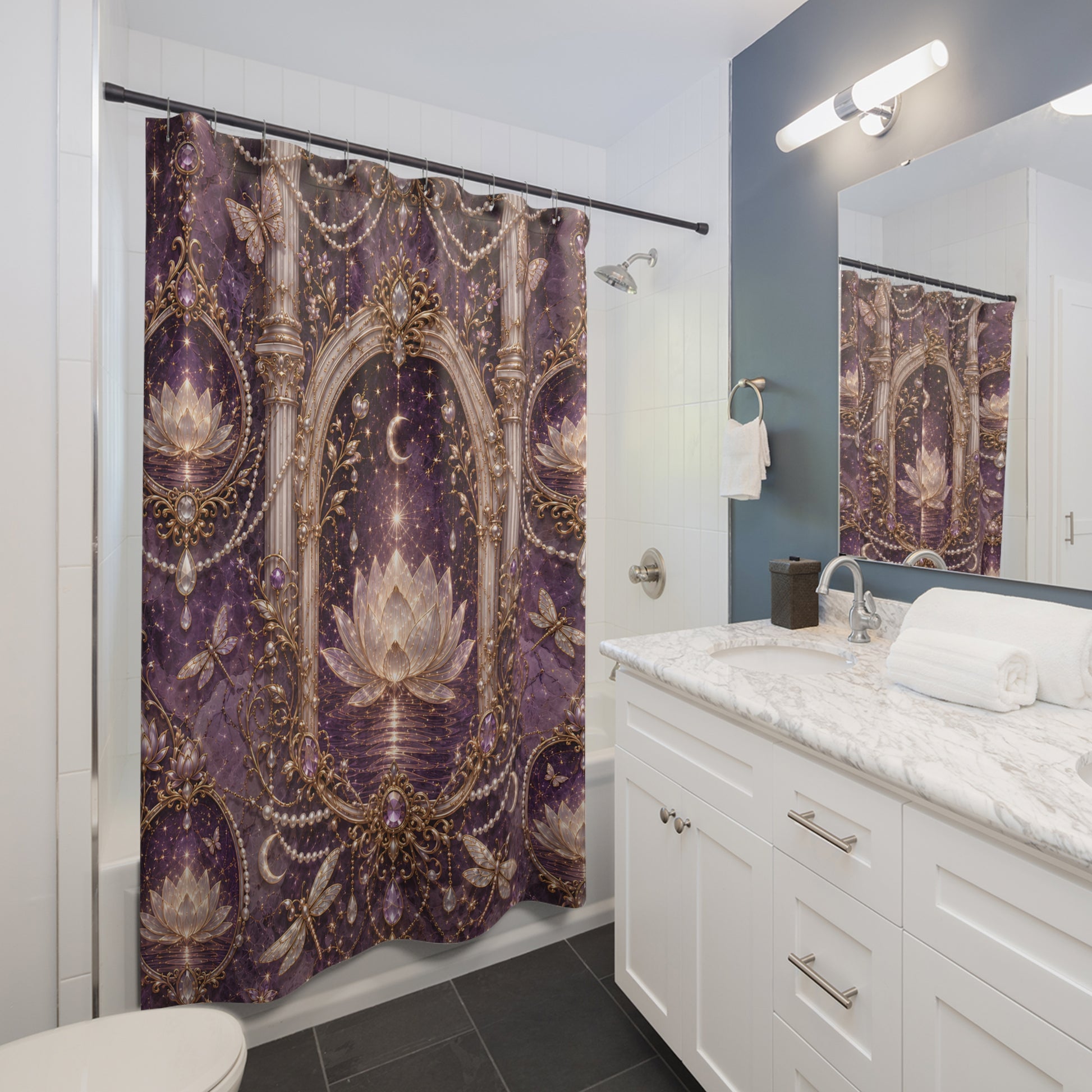 A purple and gold shower curtain with an ornate baroque-style celestial  shower curtain in a modern white and blue-gray bathroom.