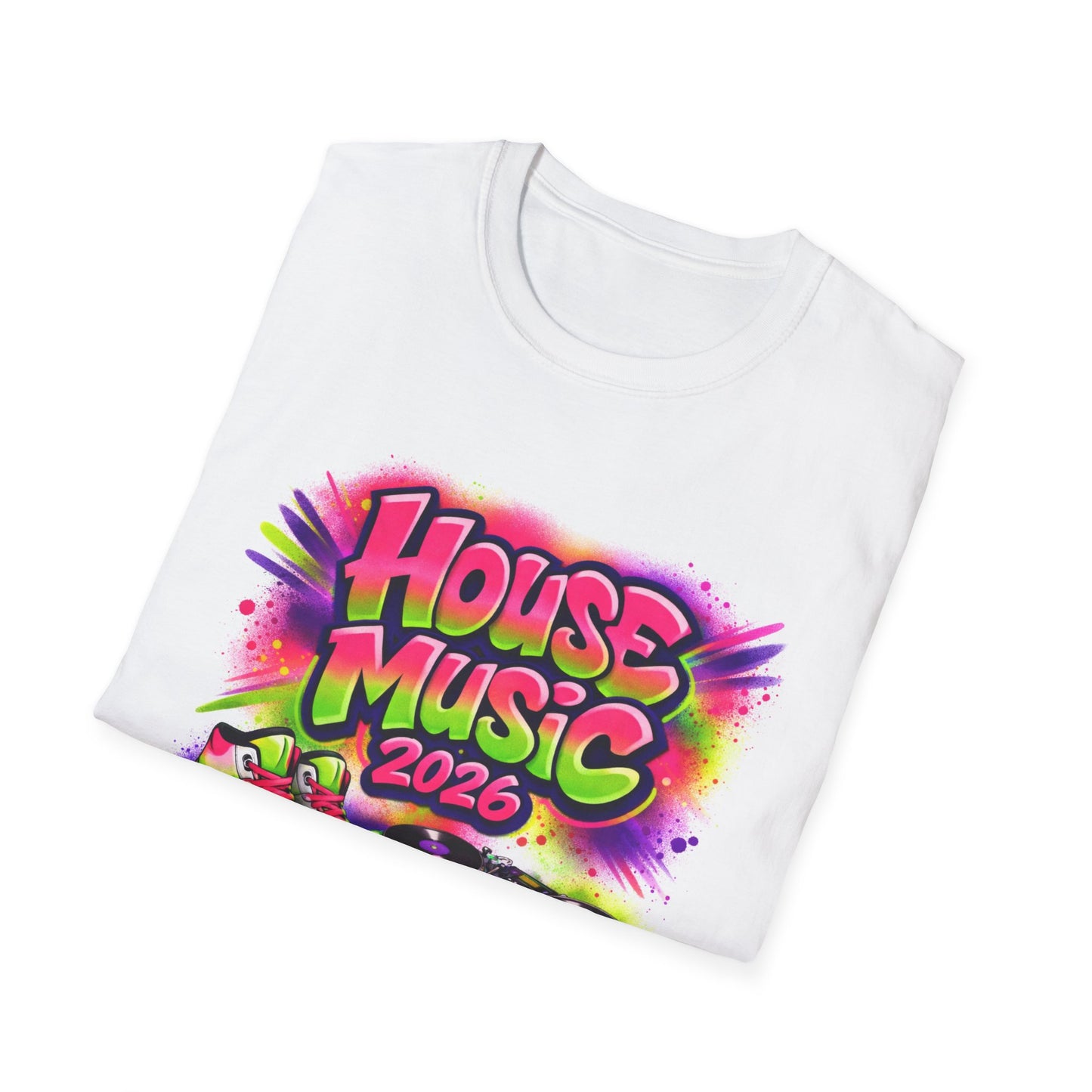 White t-shirt with colorful 'House Music 2026' design on a white background