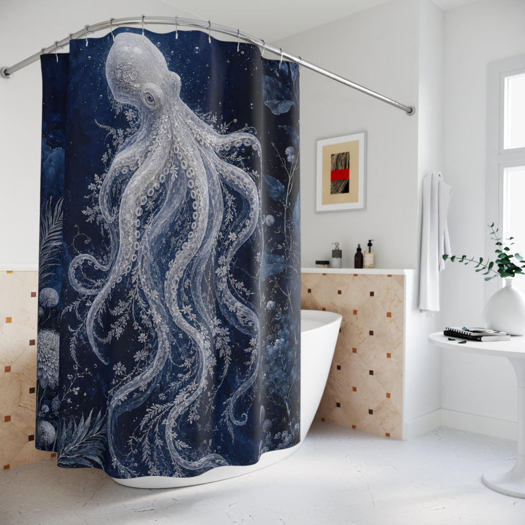 A dark blue shower curtain featuring a large white octopus illustration, hanging in a bright modern bathroom with a bathtub, tiled wall, and white fixtures.
