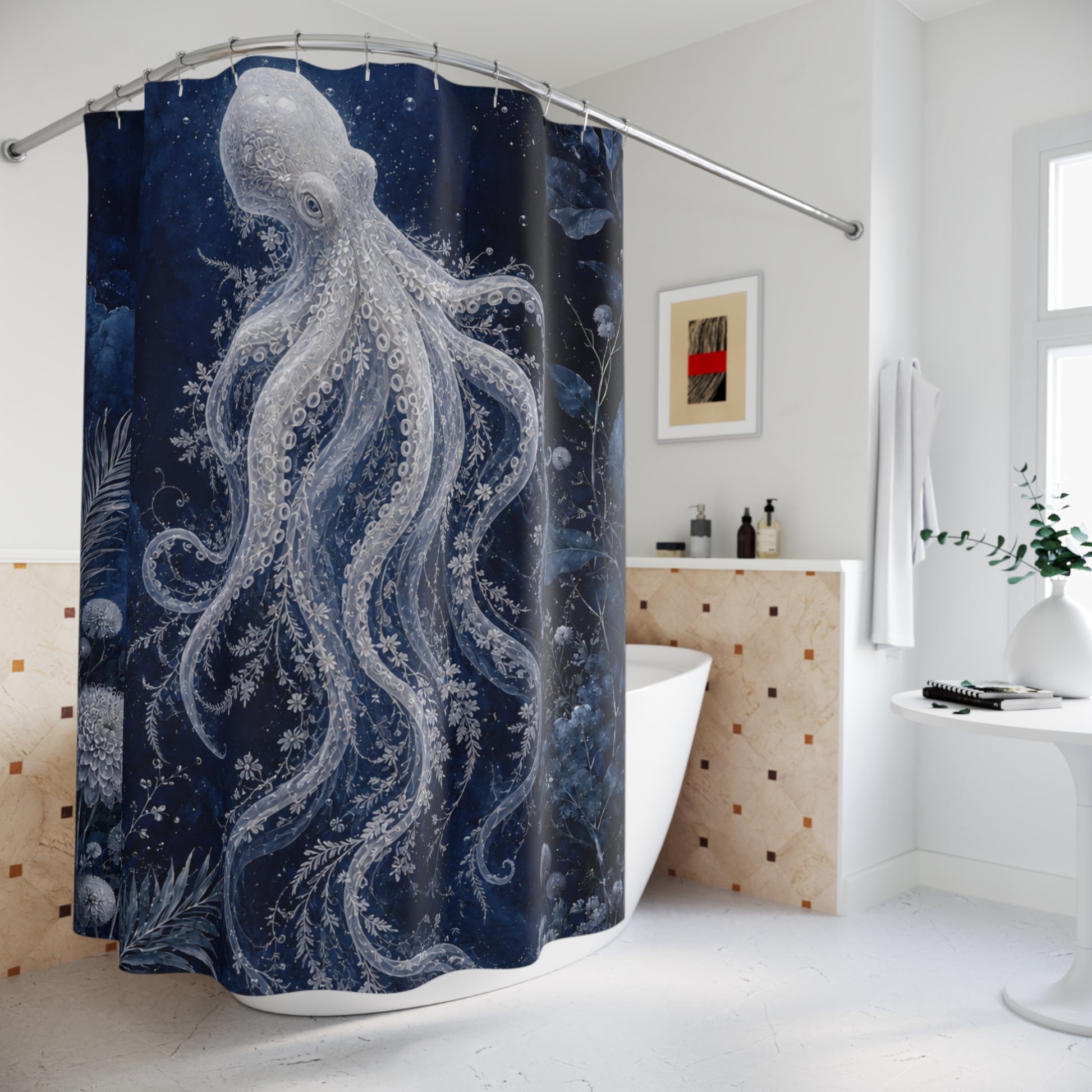 A dark blue shower curtain featuring a large white octopus illustration, hanging in a bright modern bathroom with a bathtub, tiled wall, and white fixtures.