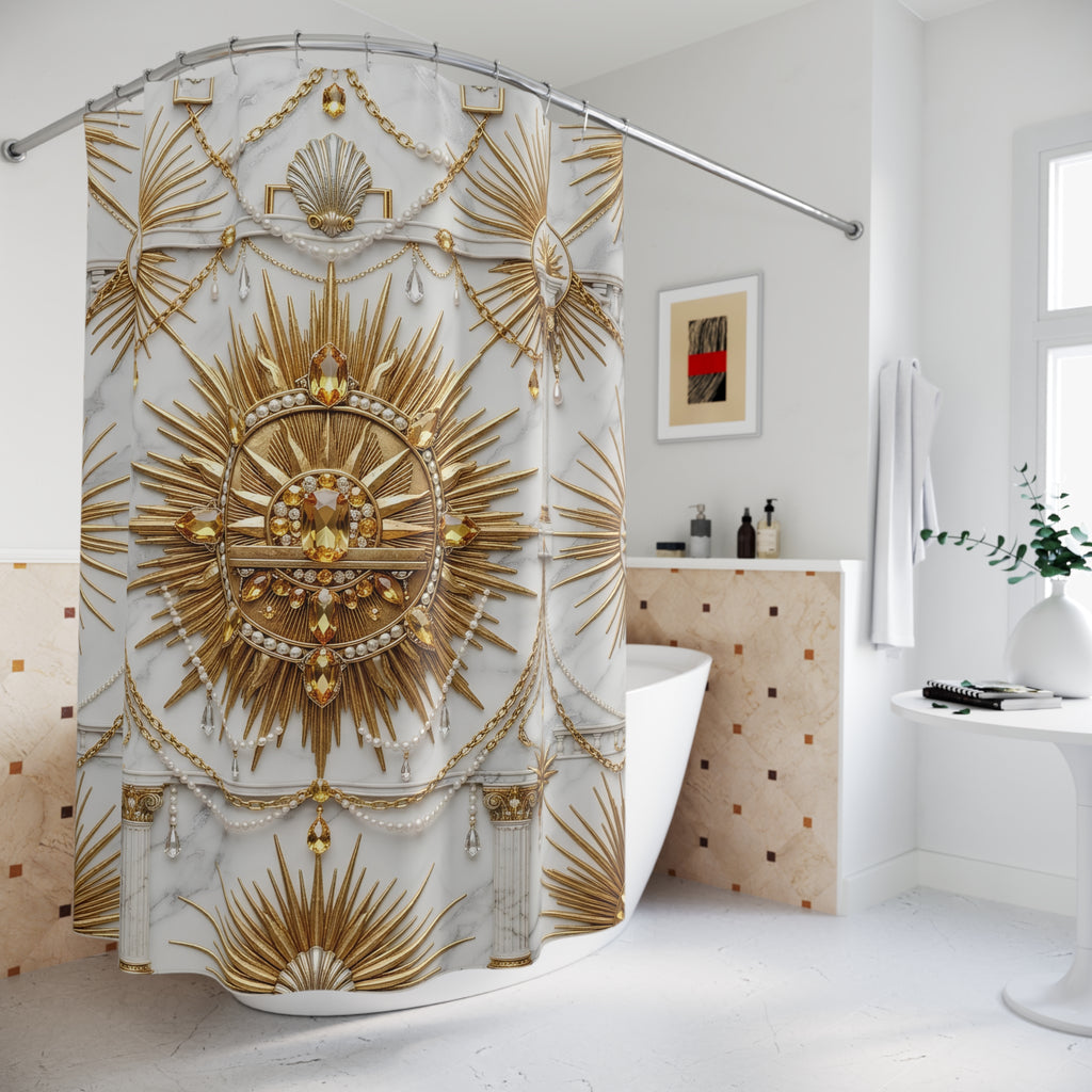 A white and gold shower curtain with an ornate baroque sunburst and shell pattern, hanging in a bright, modern white bathroom.