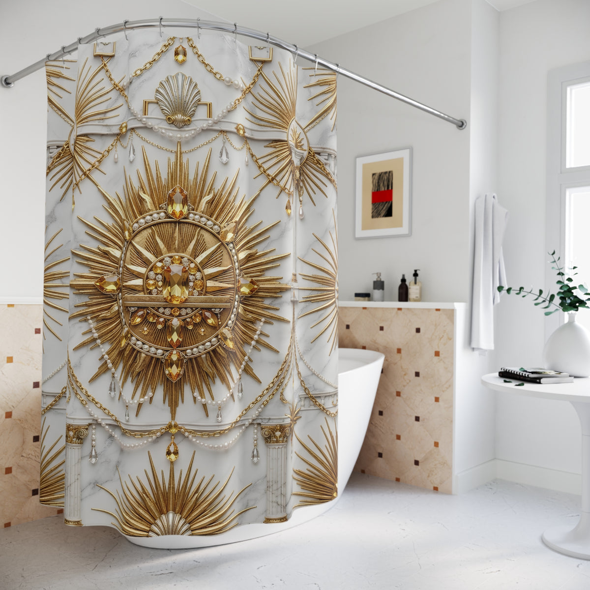 A white and gold shower curtain with an ornate baroque sunburst and shell pattern, hanging in a bright, modern white bathroom.