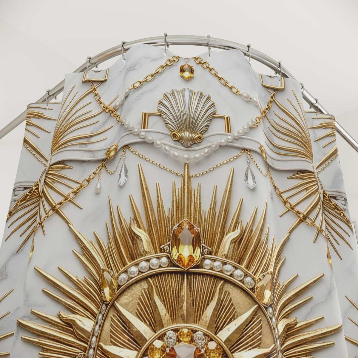 An ornate white and gold decorative shower curtain featuring sculptural gold rays, shell motifs, draped chains, pearl-like beads, and jewel accents on a light gray background.