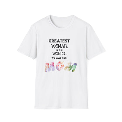 White t-shirt with colorful 'MOM' text and text about being the greatest woman in the world on a white background
