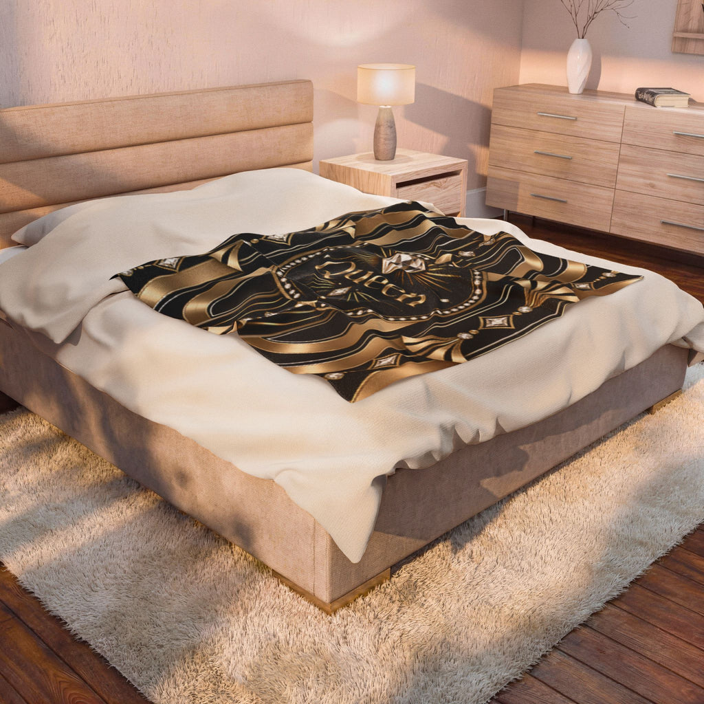 Colorful patterned blanket on a bed in a bedroom setting