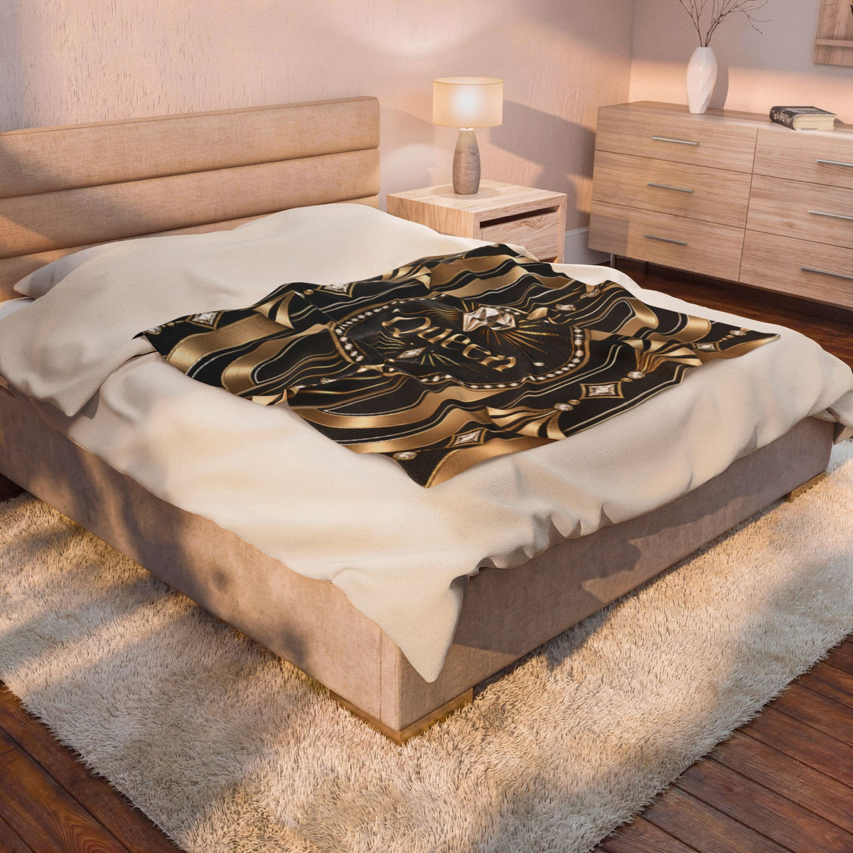 Colorful patterned blanket on a bed in a bedroom setting