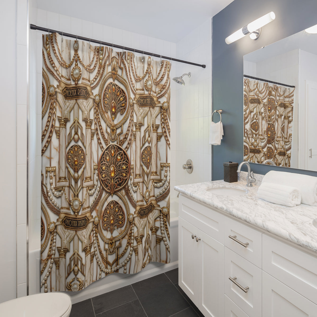 An ornate shower curtain with a baroque-style gold and beige pattern hanging in a modern white bathroom with a marble countertop and dark gray tile floor.