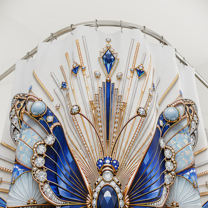 An ornate Art Deco style decorative shower curtain e featuring symmetrical blue and gold geometric motifs, fan-shaped panels, and faux crystal details on a white background.