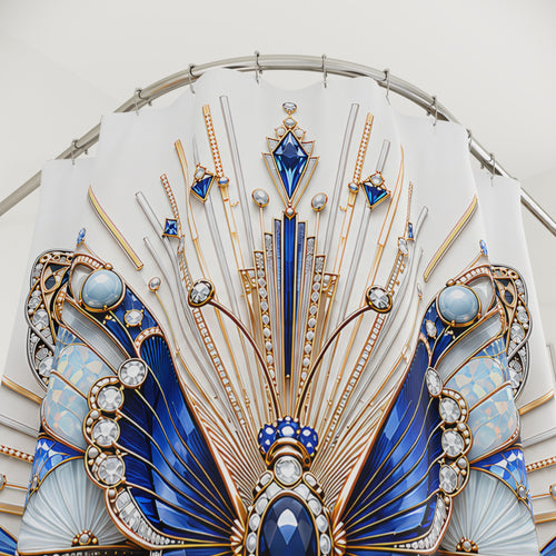 An ornate Art Deco style decorative shower curtain e featuring symmetrical blue and gold geometric motifs, fan-shaped panels, and faux crystal details on a white background.