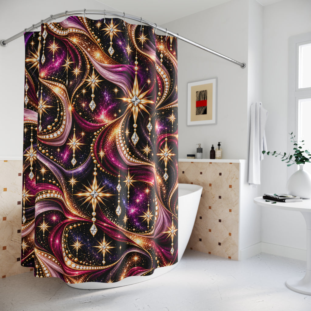 Glam Galaxy Shower Curtain — Starburst Jewel Swirl Bathroom Decor