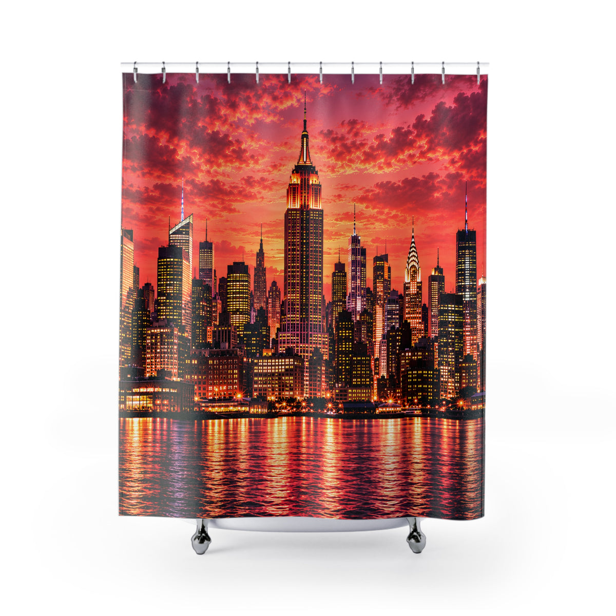 **New York City Skyline at Sunset – Luxury Pink & Gold Manhattan Cityscape Shower Curtain | Empire State Building Urban Glam Bathroom Décor**