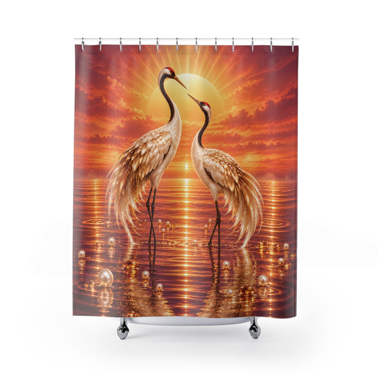 Crane Sunset Romantic Golden Beach —Shower Curtain Wildlife Decor