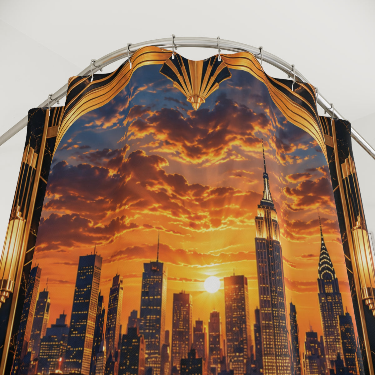 Golden Manhattan Sunset Luxury Shower Curtain | NYC Skyline Art Deco Bathroom Décor