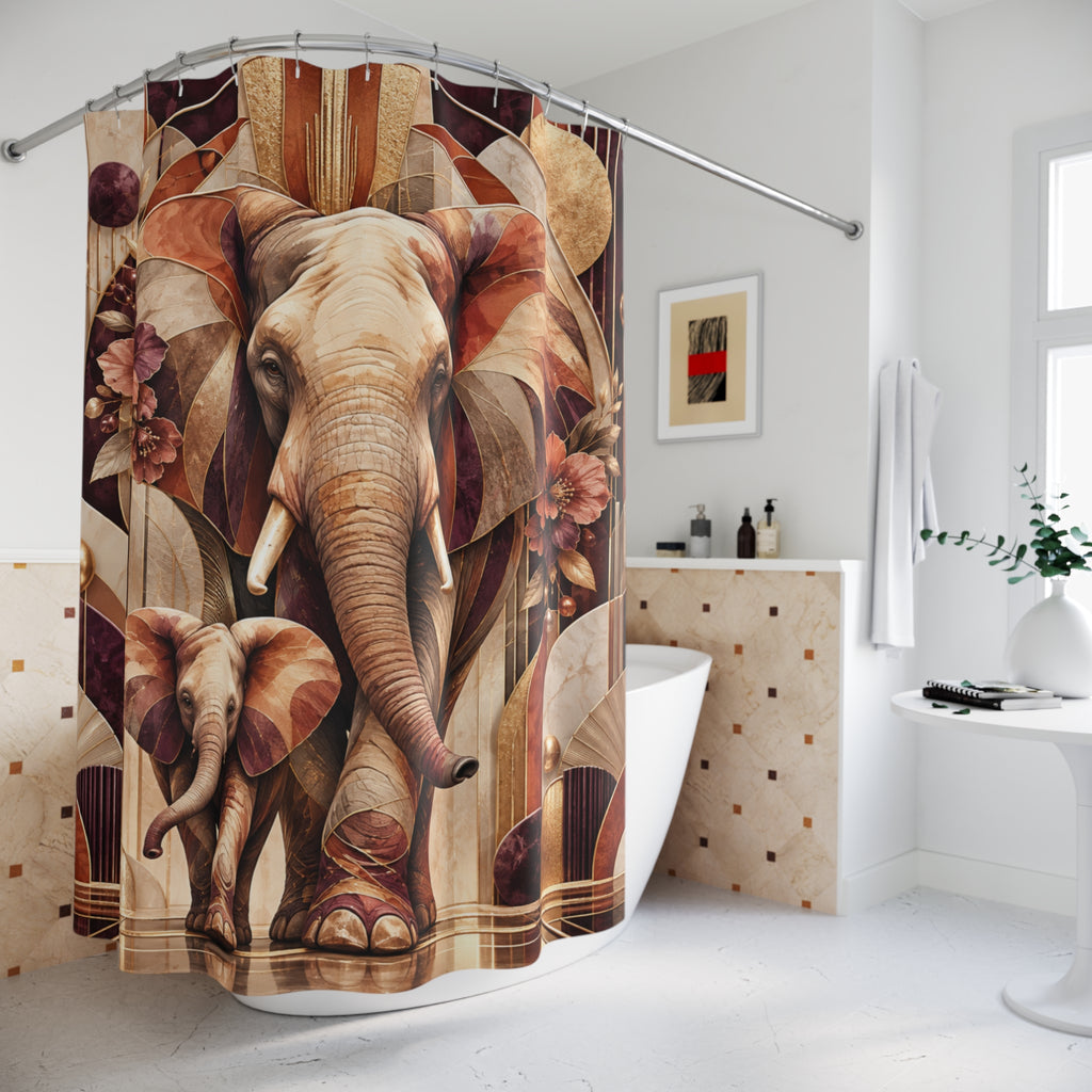 Safari Elephant Mom & Calf Shower Curtain — Boho Vintage Shower Curtain