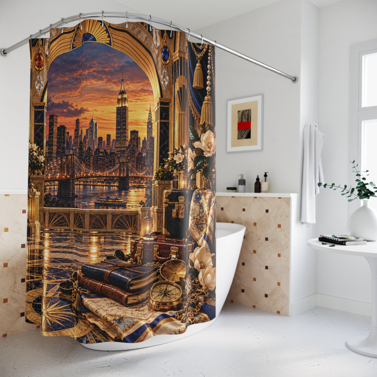 New York City Skyline Luxury Shower Curtain – Golden Manhattan