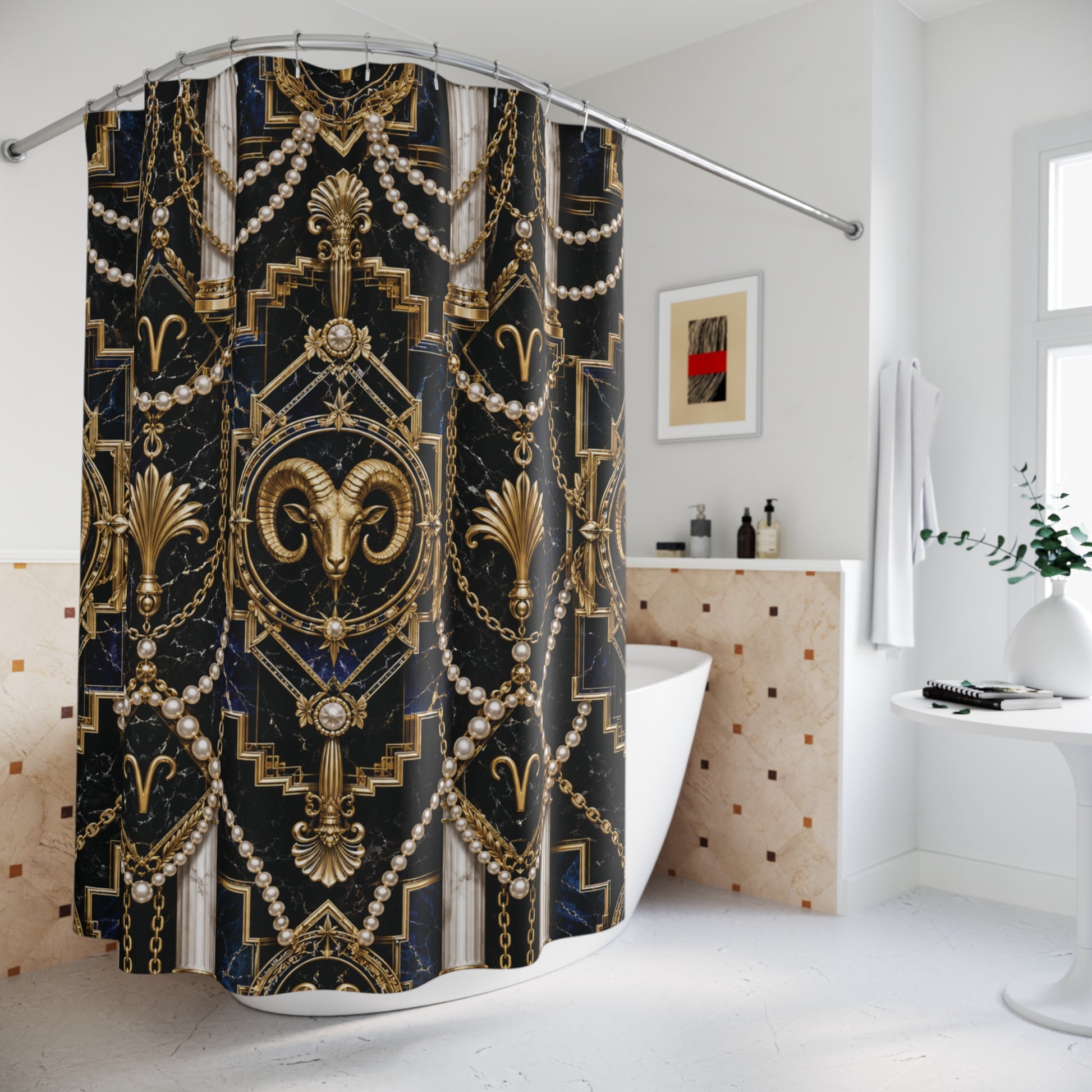 Decorative shower curtain with gold and pear Aries zodiac pattern on a black background in a bathroom setting