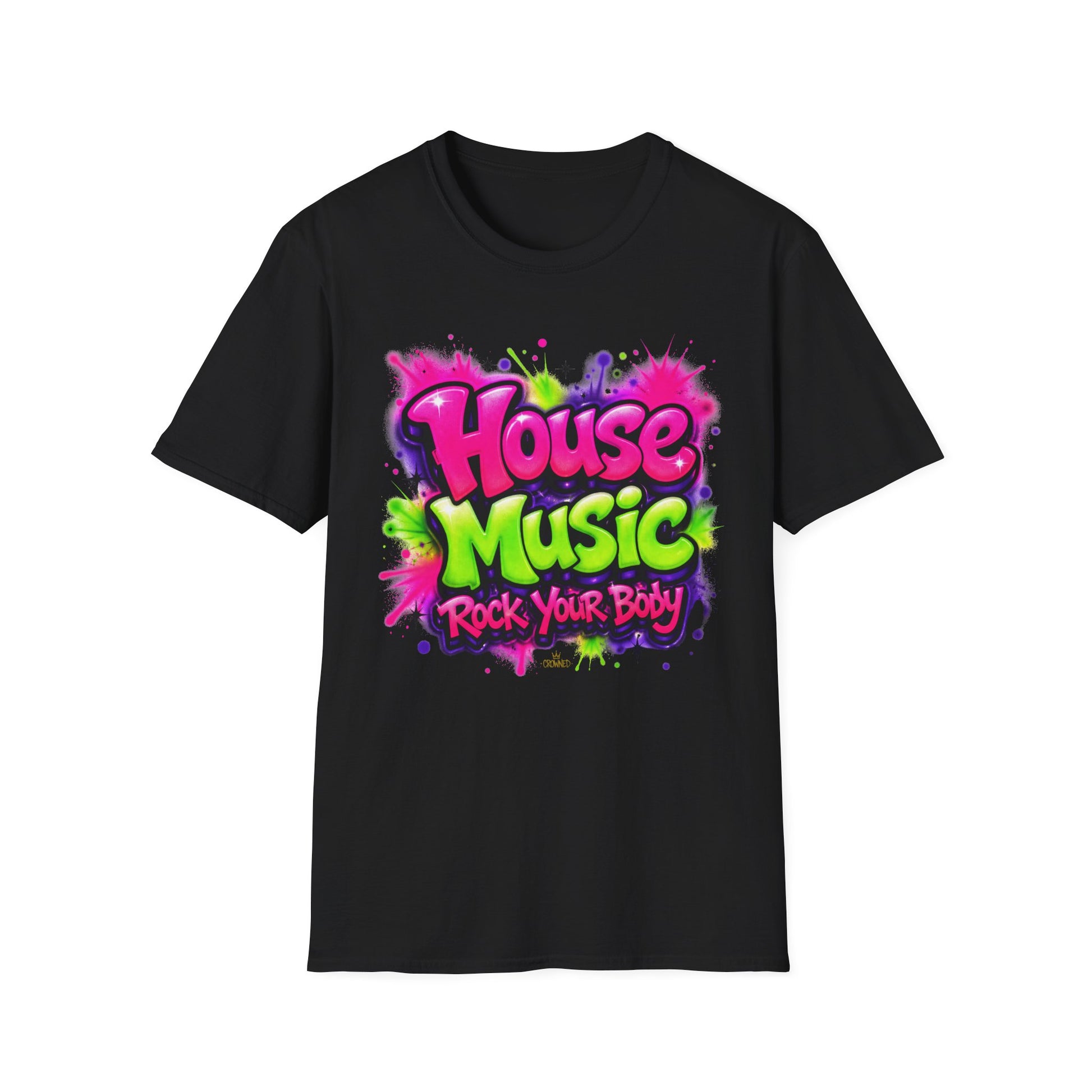 Black t-shirt with colorful 'House Music Rock Your Body' text design on a white background