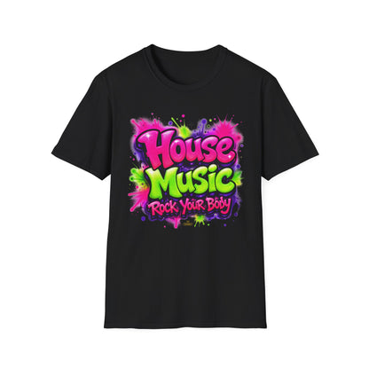 Black t-shirt with colorful 'House Music Rock Your Body' text design on a white background