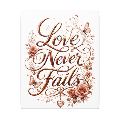 Love Never Fails Floral Canvas Wall Art — Romantic Rose Gold Typography