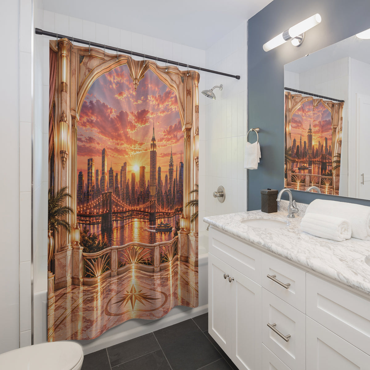 Manhattan Rose Gold Sunrise Luxury Shower Curtain | Blush Pink & Champagne Gold NYC Skyline Art Deco Bathroom Décor