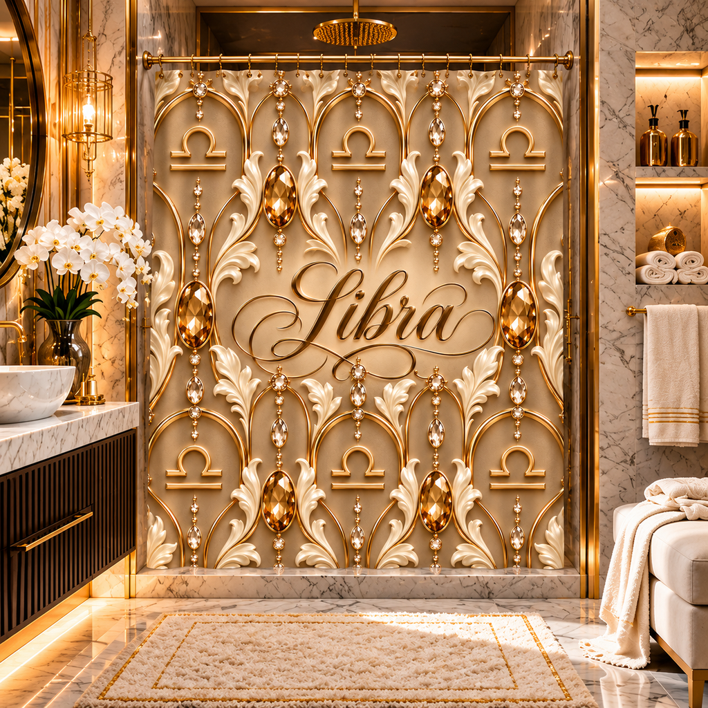 An ornate bathroom shower curtain with a luxurious gold and white baroque design, featuring the word 'Libra' in script and gemstone motifs, installed in a high-end marble bathroom.
