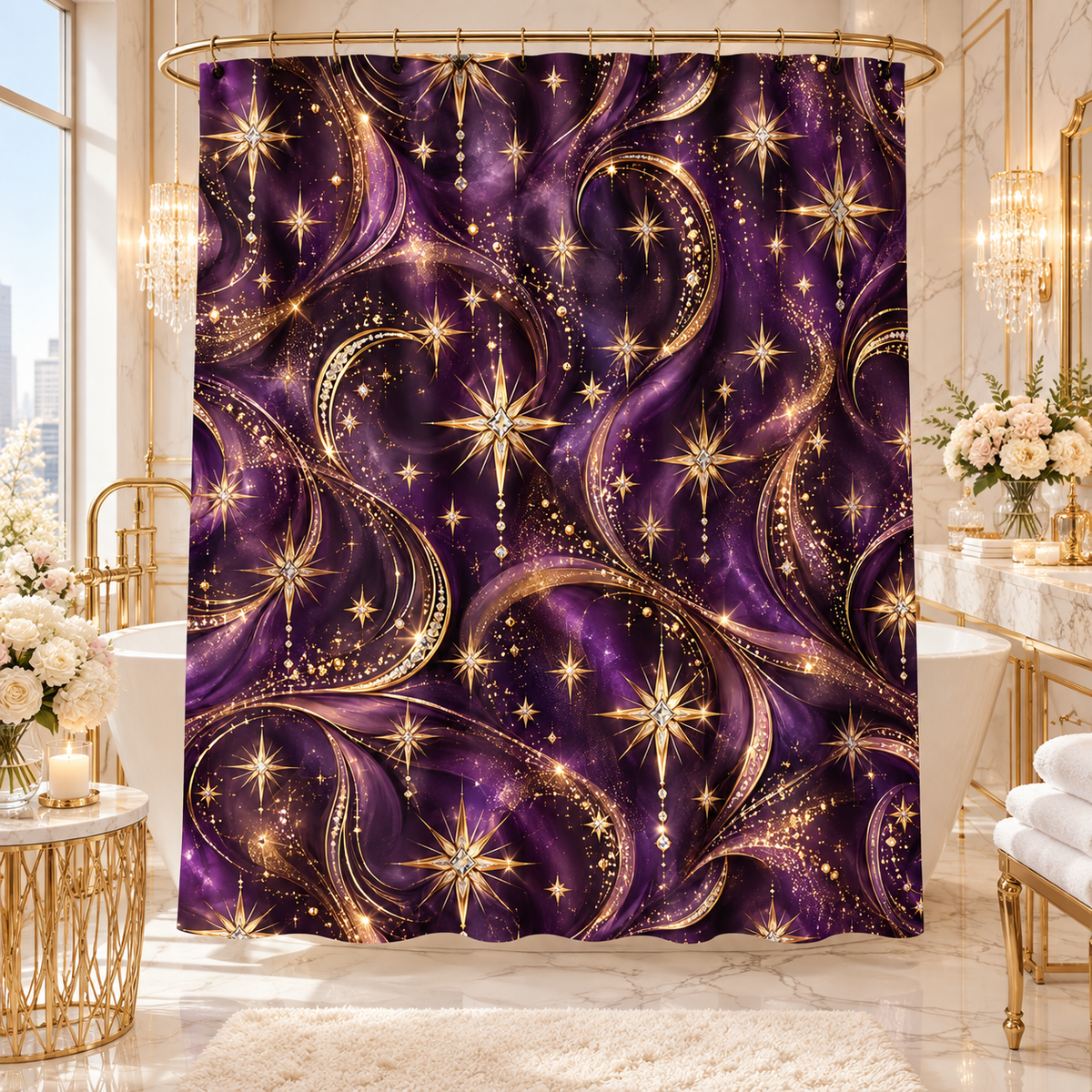 A purple and gold shower curtain with an ornate swirling pattern of stars and crescent moons, hanging in a luxurious marble bathroom with gold fixtures and white flowers.
