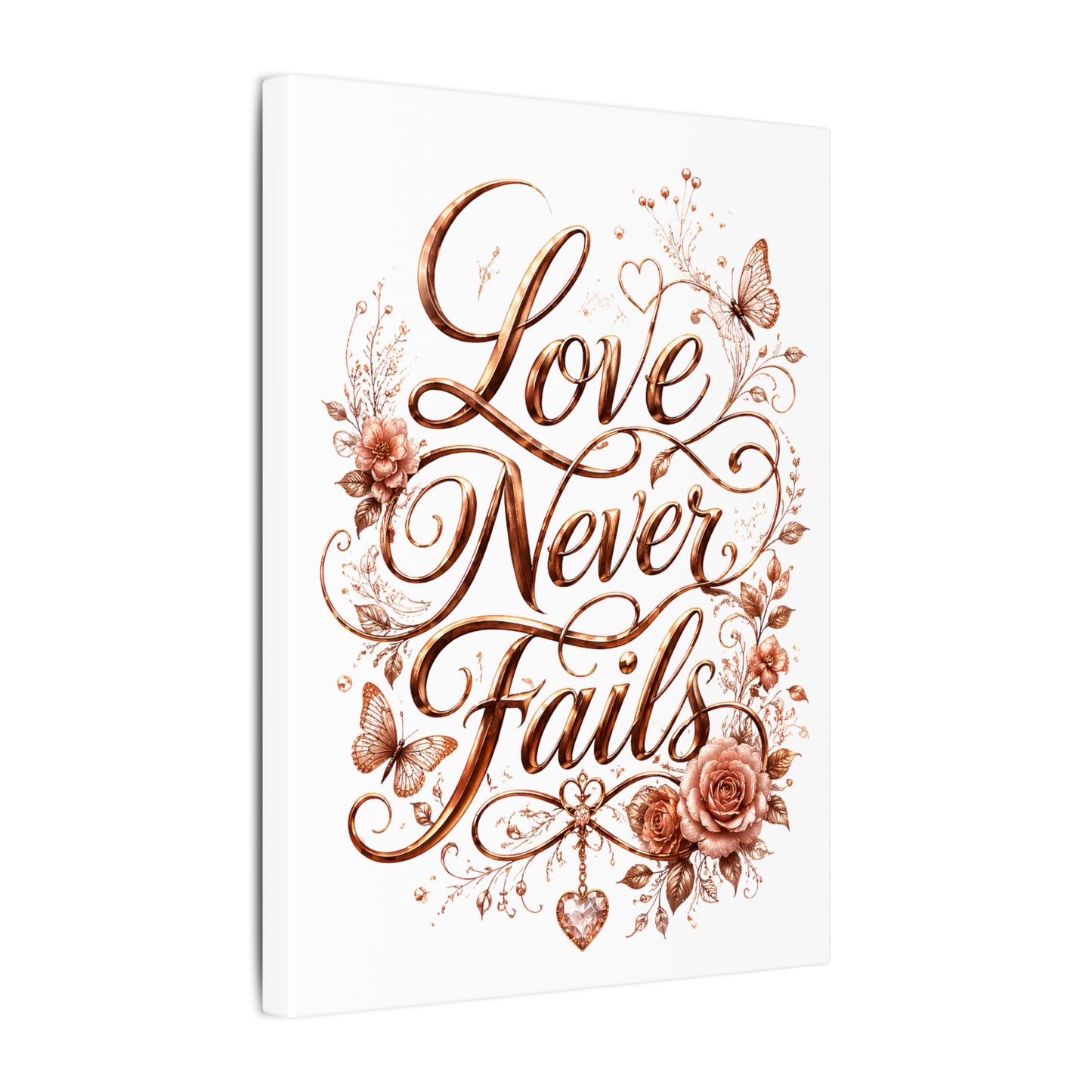Love Never Fails Floral Canvas Wall Art — Romantic Rose Gold Typography