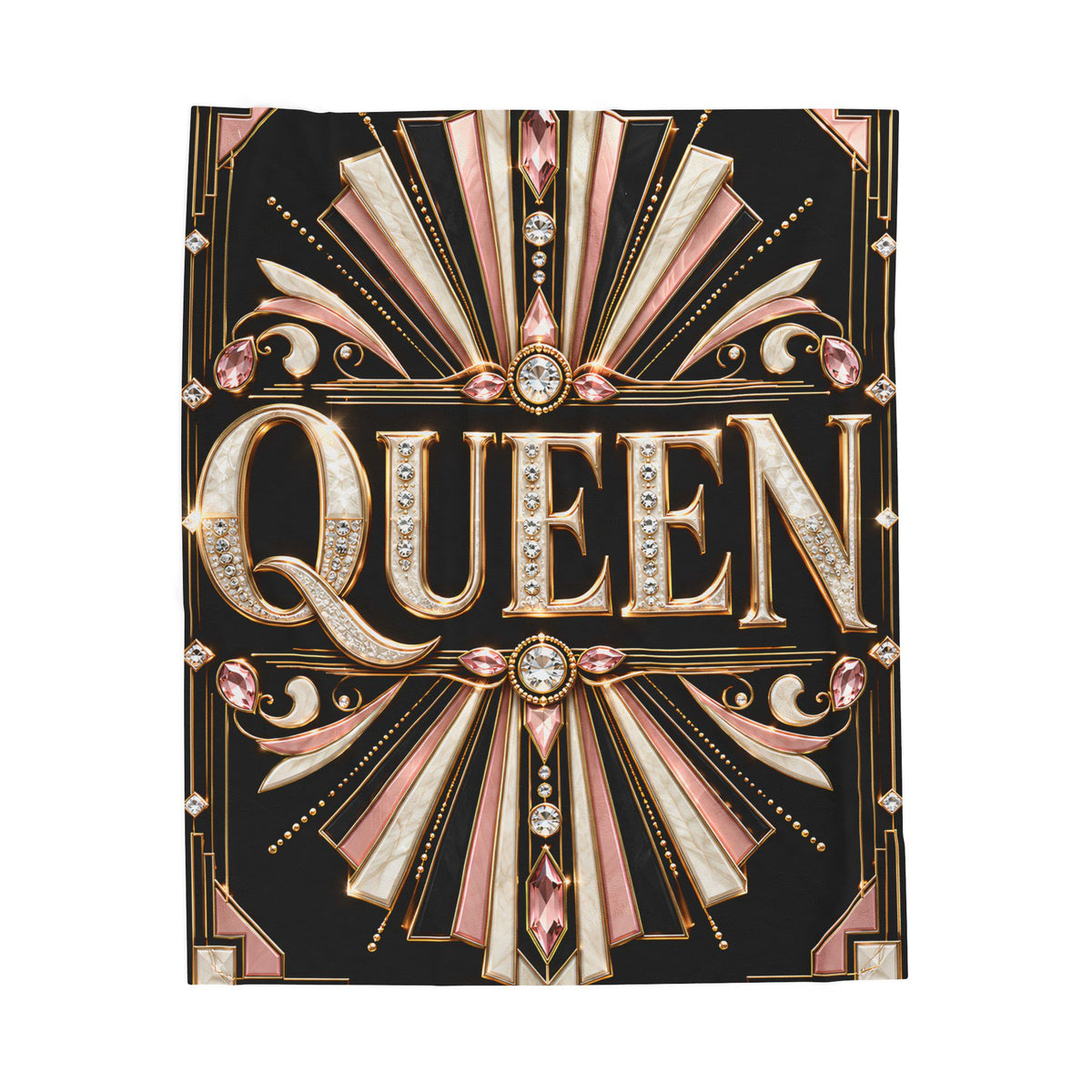 A rectangular black decorative throw featuring ornate Art Deco-style gold and blush pink geometric rays, gem motifs, and the word "QUEEN" in large gold letters with rhinestone-like detailing, shown on a plain white background.