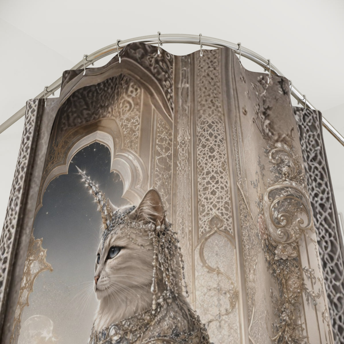 A large ornate shower curtain featuring a detailed fantasy print of a cat in an elaborate jeweled headdress and collar, set against an architectural archway design. The curtain is shown hanging from a curved metal rod against a plain light background.