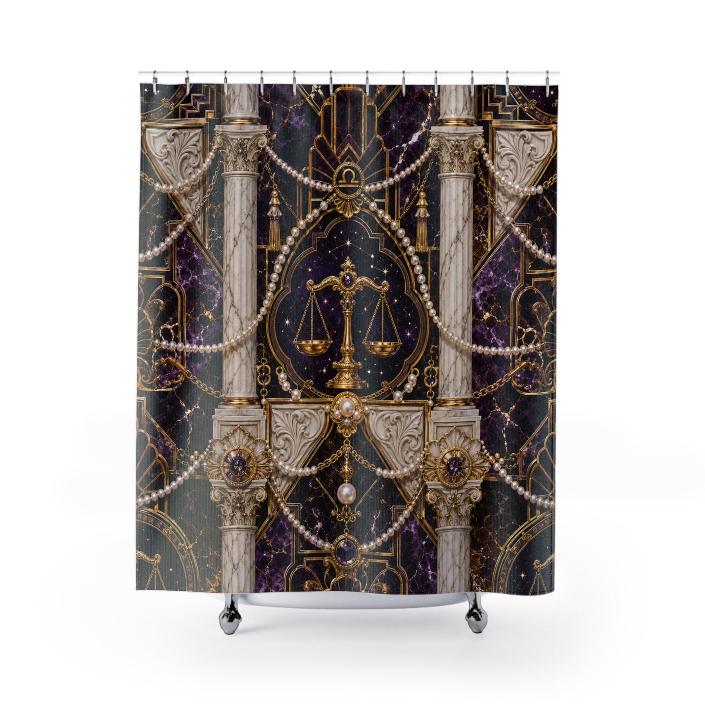 Decorative Astrology Libra shower curtain with classical design elements on a white background
