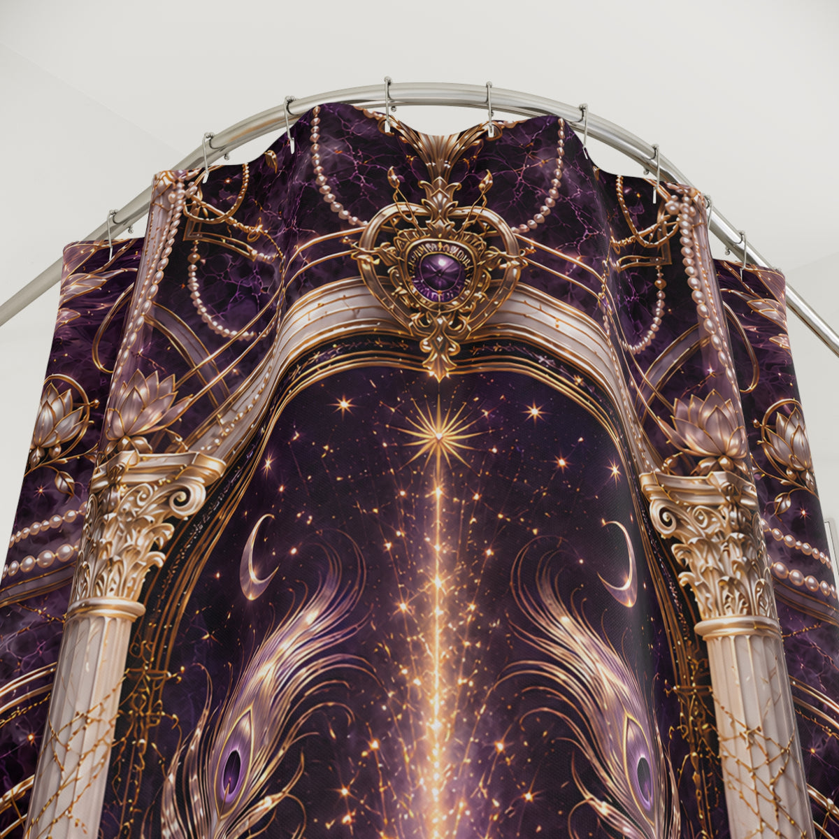 A close-up of a draped f shower curtain with an ornate fantasy architectural print. The design features a deep purple and black celestial background filled with stars, gold filigree arches, pearl-like bead details, and purple gemstone motifs, suspended from a metal frame against a light gray background.