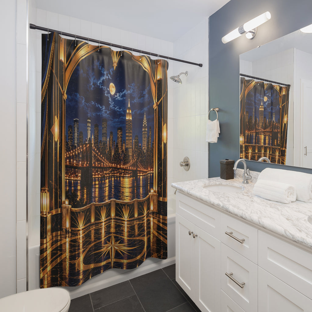 Midnight in Manhattan – Navy Blue & Gold NYC Skyline Shower Curtain | Luxury Art Deco Bathroom Décor