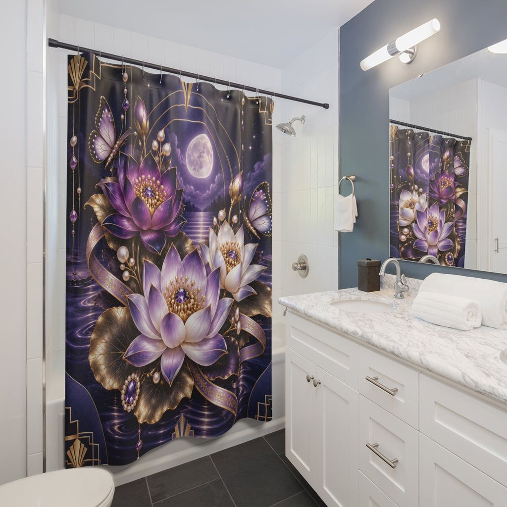Moonlit Lotus Shower Curtain — Purple Floral, Mystical Moonbath Bathroom Decor