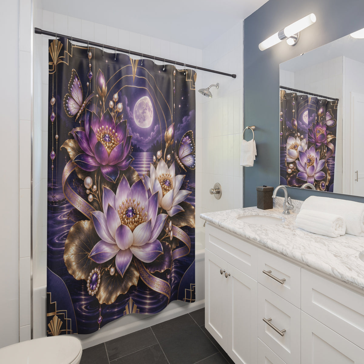 Moonlit Lotus Shower Curtain — Purple Floral, Mystical Moonbath Bathroom Decor