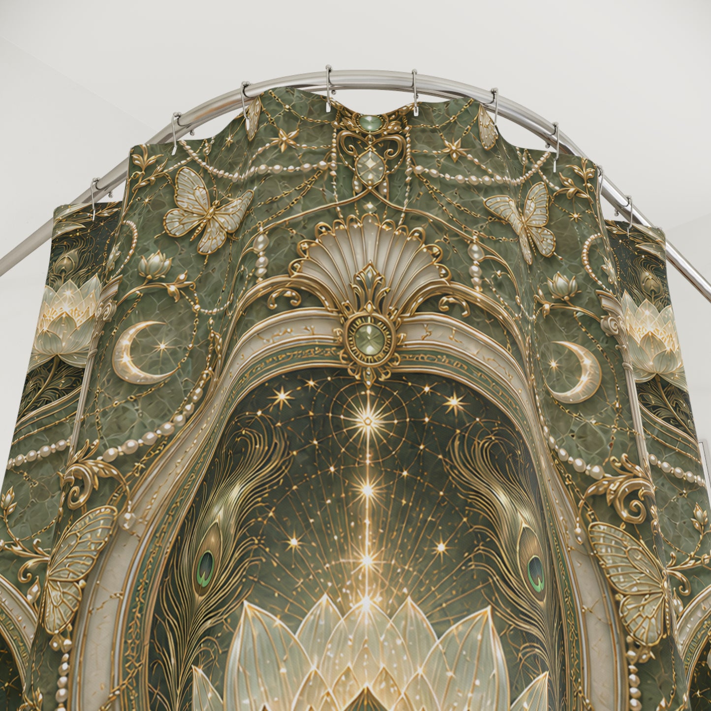 An ornate decorative wall or architectural panel featuring intricate Art Deco-style detailing, with gold filigree, crescent moons, butterflies, stars, and a central radiant star motif on a pale sky  shower curtain.