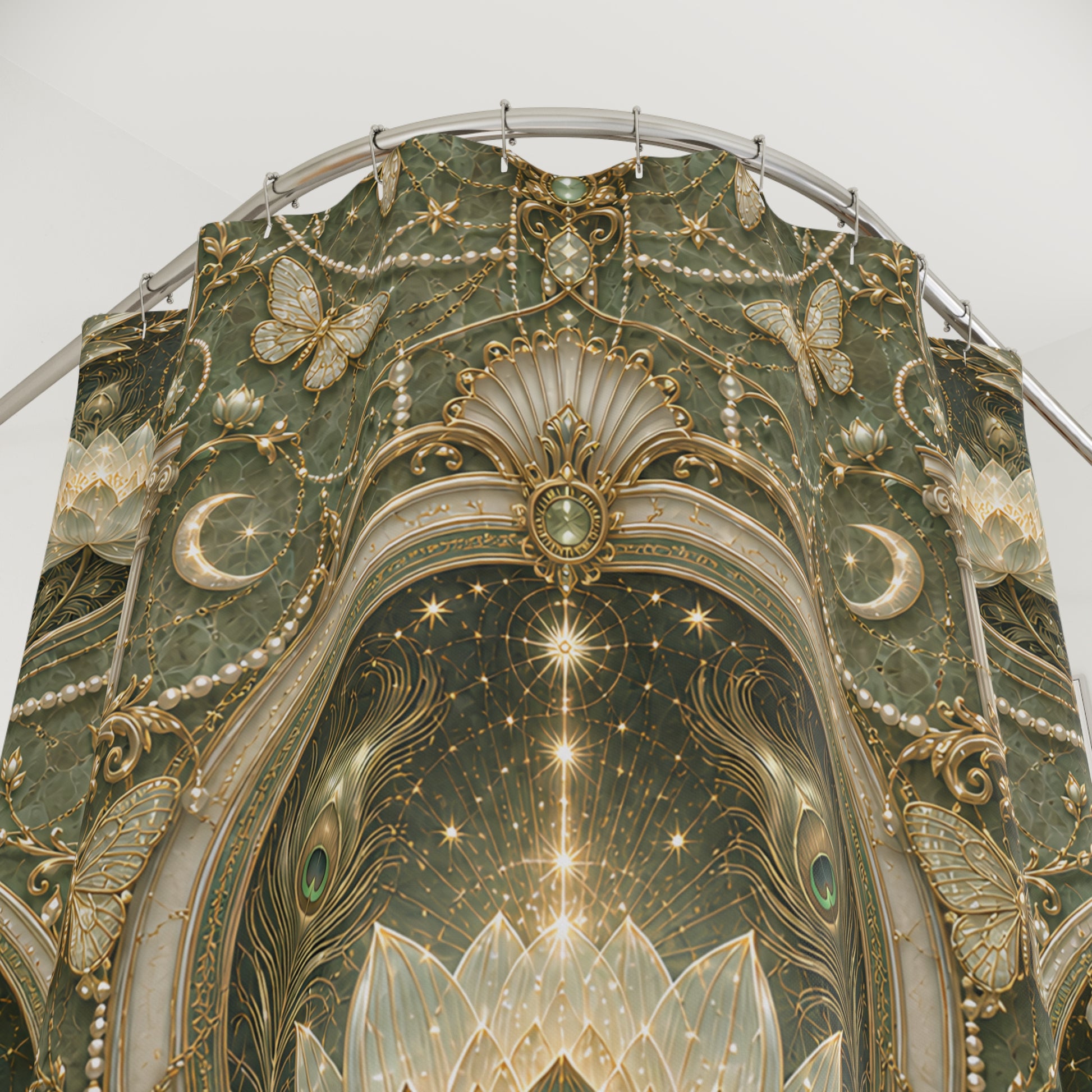 An ornate decorative wall or architectural panel featuring intricate Art Deco-style detailing, with gold filigree, crescent moons, butterflies, stars, and a central radiant star motif on a pale sky  shower curtain.