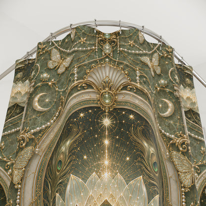 An ornate decorative wall or architectural panel featuring intricate Art Deco-style detailing, with gold filigree, crescent moons, butterflies, stars, and a central radiant star motif on a pale sky  shower curtain.