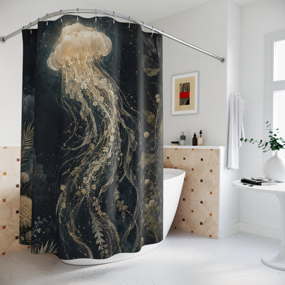 A fabric shower curtain featuring a large, detailed illustration of a glowing jellyfish in a dark underwater scene, hanging in a modern white bathroom.