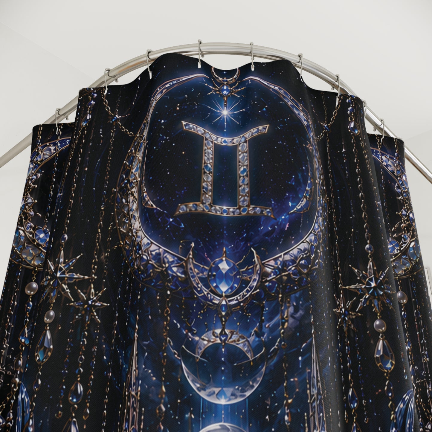 Gemini Zodiac Luxury Gothic Shower Curtain — Gold Jewel Art Deco Bath Decor, Pearl Draping, Twin Emblem Design