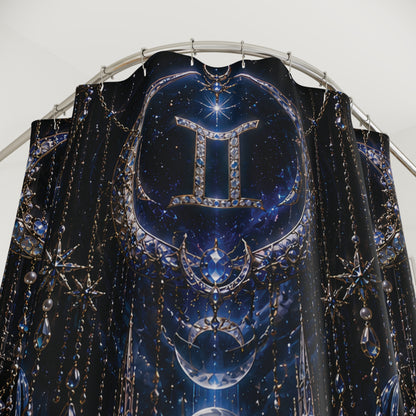 Gemini Zodiac Luxury Gothic Shower Curtain — Gold Jewel Art Deco Bath Decor, Pearl Draping, Twin Emblem Design