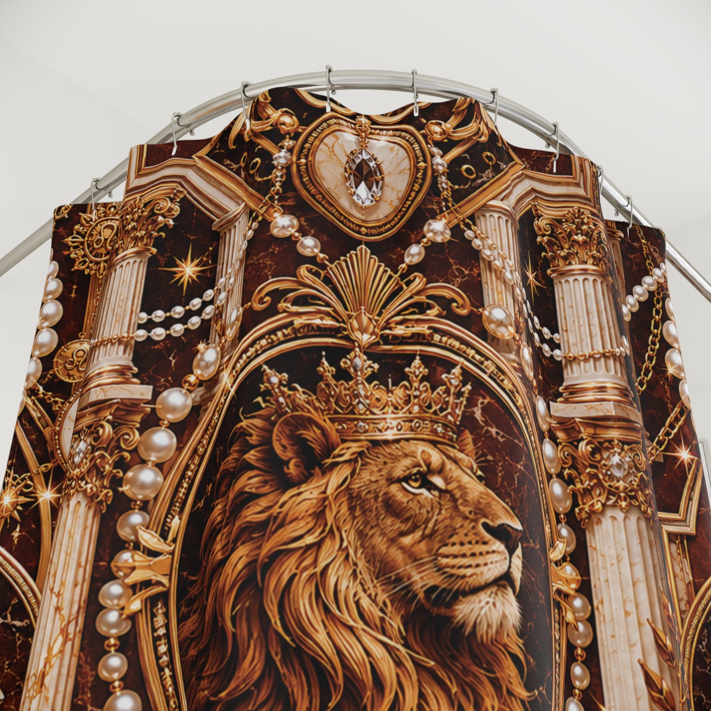 Decorative shower curtain with a lion's head design and ornate details.